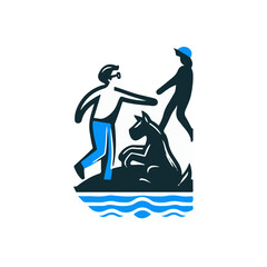 A man and a woman interact playfully on a small island with a dog, surrounded by water