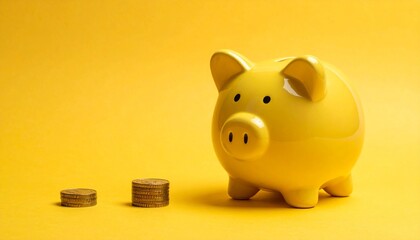 Yellow piggy bank with coin stacks on yellow surface and background, symbolizing savings, budgeting, and financial planning.