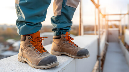 A construction worker wearing safety boots stands on a building's edge, showcasing the tough footwear
