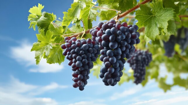 Vineyard's Bounty: A close-up view unveils clusters of ripe, purple grapes, hanging gracefully amidst vibrant green leaves and a backdrop of a clear, sunny sky.