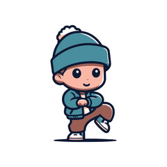 A cheerful cartoon child in a winter hat and jacket dancing playfully on a white background