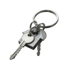 Metal house-shaped keychain with two keys Keywords. A silver house key with a house-shaped keychain on transparency background.