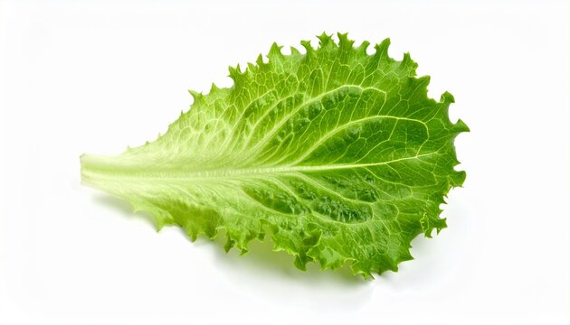 Single fresh green lettuce leaf on white background, highlighting crisp texture and natural vibrancy.