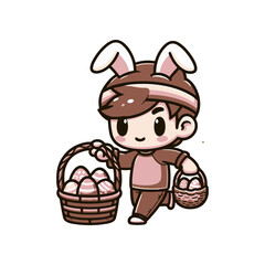 A cheerful child dressed as a bunny carries baskets of colorful eggs during an Easter celebration