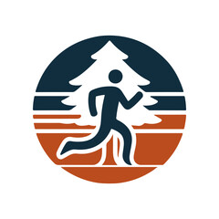 A silhouette of a runner in front of a stylized tree against a sunset background