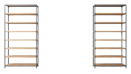 Two realistic 3D renders of modern industrial style bookshelves, each with five wooden shelves and black metal frames, displayed side-by-side from slightly different angles against a transparent backg