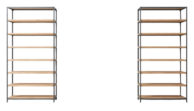 Two realistic 3D renders of modern industrial style bookshelves, each with five wooden shelves and black metal frames, displayed side-by-side from slightly different angles against a transparent backg
