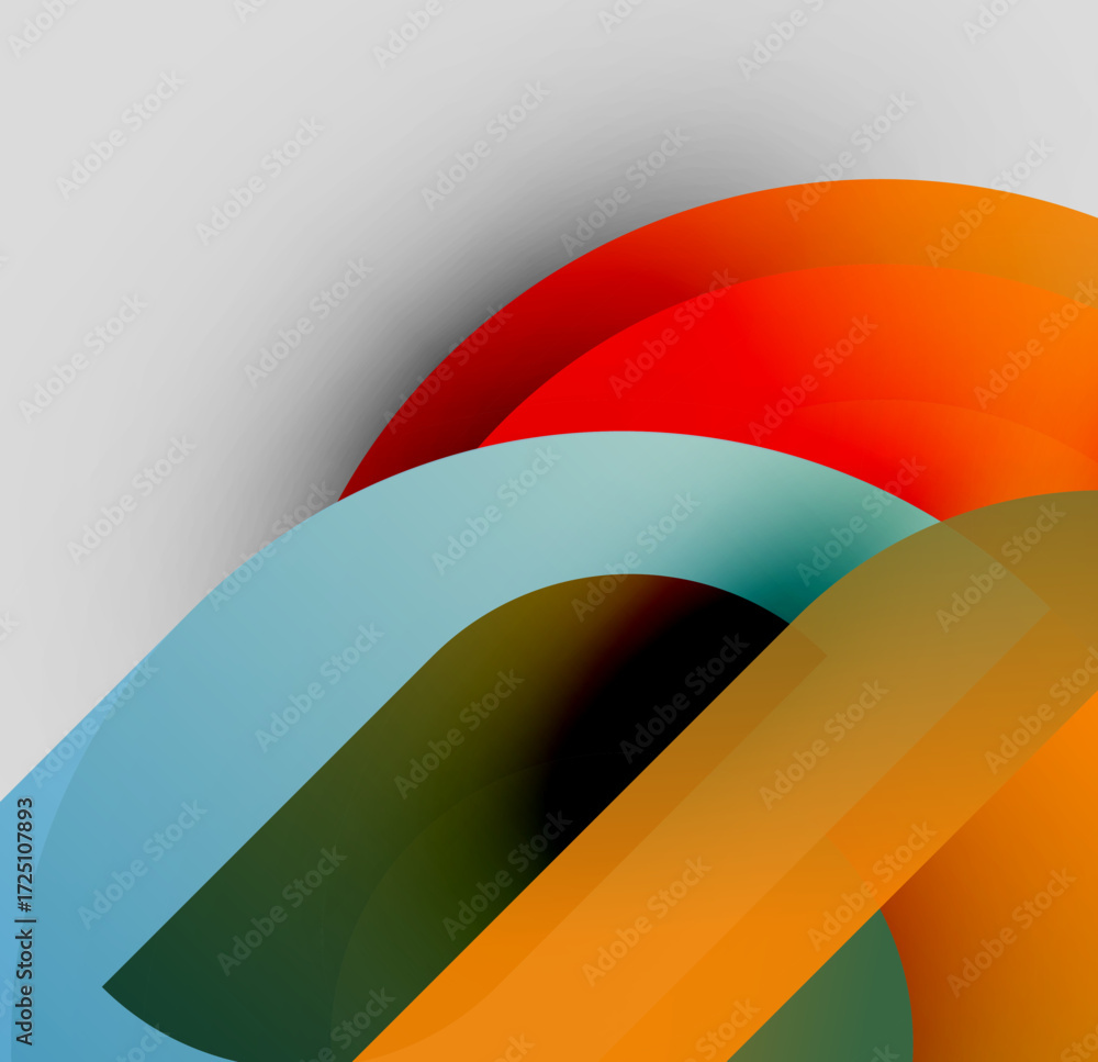 Poster abstract shapes overlap, creating vibrant color blends. smooth gradients suggest movement, depth. mi