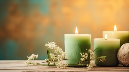 two lighted scented candles with some small plants next to them