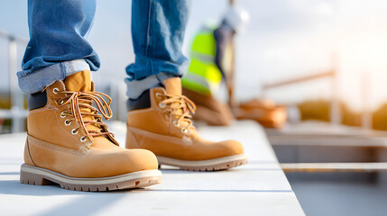 A close-up shot of construction worker's boots, showcasing their sturdy design and the worker's jeans, capturing the essence of a construction site