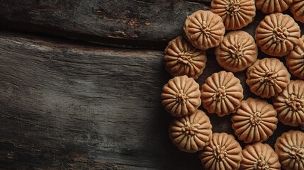 Fototapeta premium Chinese walnut cookies arranged circular pattern rustic wooden table