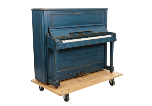 Isolated antique piano on a platform dolly for moving, prepared for relocation purposes