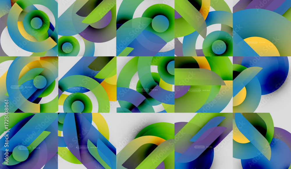 Poster Abstract geometric patterns, vibrant colors, flowing shapes. Modern design elements create dynamic visual experience.