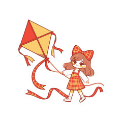 A cheerful girl in a plaid dress flying a colorful kite on a sunny day, with ribbons flowing