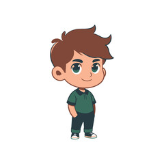 A cheerful young boy standing confidently with hands in pockets, smiling against a plain background