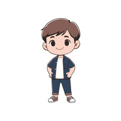A cheerful young boy stands confidently with hands on hips, wearing casual clothing in a simple background