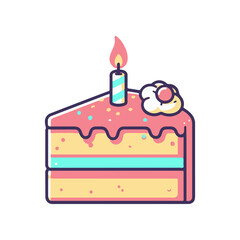 A colorful birthday cake slice with a lit candle and whipped cream, set against a simple background