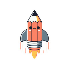 A cute pencil-shaped rocket launching into space with a bright orange flame, symbolizing creativity