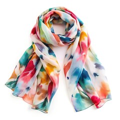 A colorful, abstract floral print silk scarf isolated on a white background