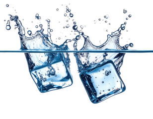 Two ice cubes plunging into water, creating splashes (1)
