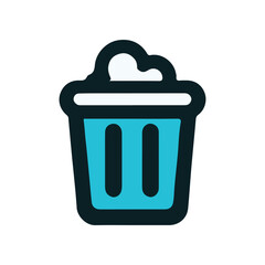 A vibrant blue trash can filled with popcorn, set against a lively carnival background