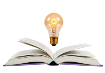 Isolated open book with lightbulb showing bright idea for reading learning concept
