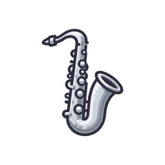 A detailed illustration of a silver saxophone showcasing its elegant curves and keys