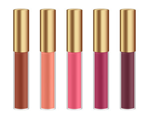 Set of transparent lip gloss tubes. Cosmetic product container mockup. Pink, red, burgundy, peach and brown bottles with gold cap