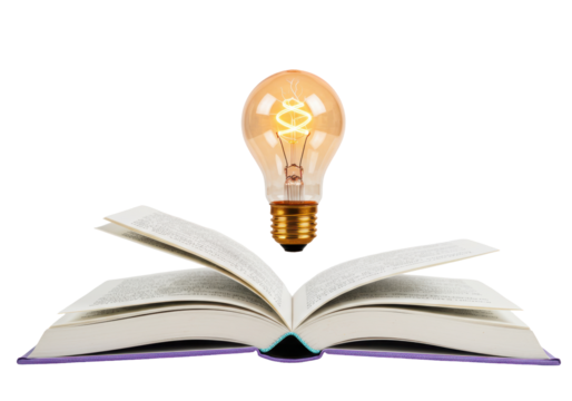Isolated open book with lightbulb showing bright idea for reading learning concept
