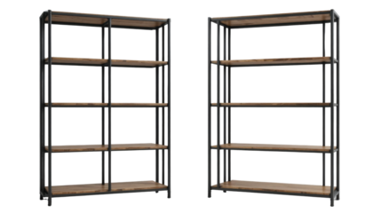 Two realistic 3D renders of modern industrial style bookshelves, each with five wooden shelves and black metal frames, displayed side-by-side from slightly different angles against a transparent backg