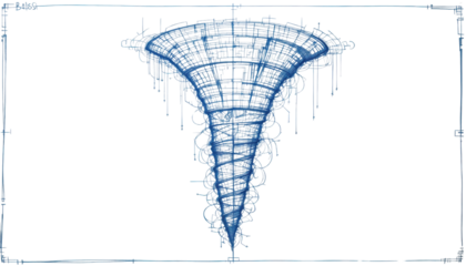 A digital artwork of a magical or fantasy-style tornado, glowing with internal energy, floating in a void of pure white.