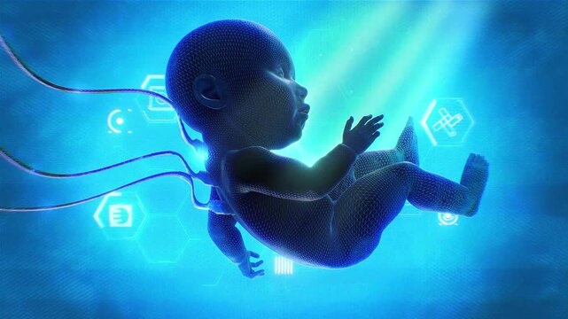 A 3D character of a synthetic human baby attached to wires and floating over a tech style background with digital detail and pulsing effects.
