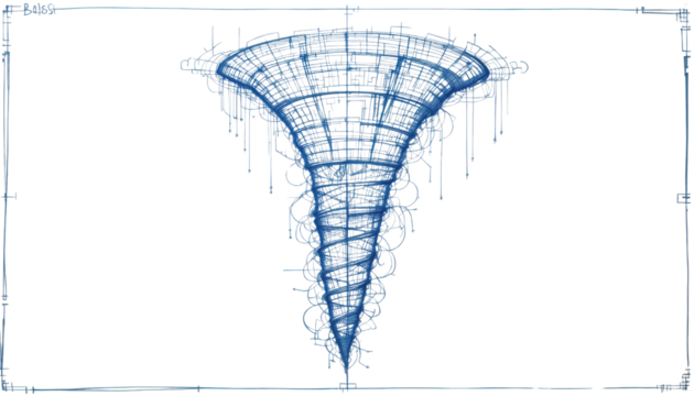 A digital artwork of a magical or fantasy-style tornado, glowing with internal energy, floating in a void of pure white.