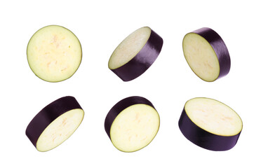 Eggplant slices isolated on white, set. Fresh vegetable