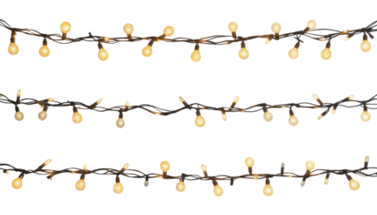 Multiple strands of illuminated decorative globe string lights, with their individual bulbs casting a soft, golden glow, presented as isolated elements on a clean white backdrop.