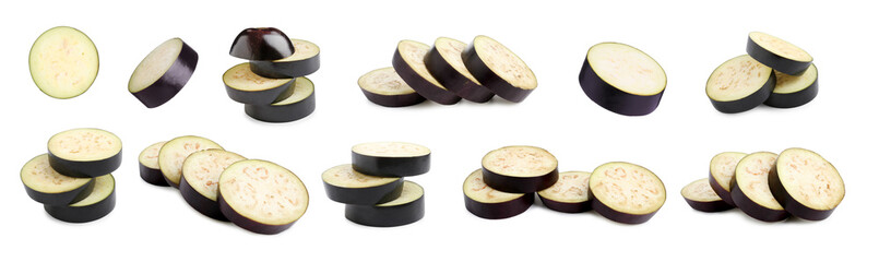 Eggplant slices isolated on white, set. Fresh vegetable