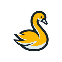 A vibrant yellow duck swimming gracefully on a calm lake with green foliage in the background