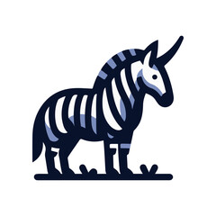 A whimsical unicorn with zebra stripes standing in a grassy field against a simple background