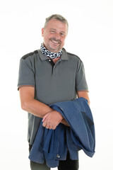 portrait of bearded handsome man with worker blue jacket middle age on white background