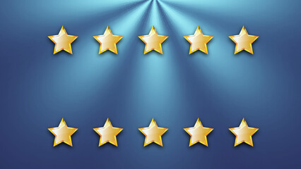 Ten golden stars are displayed on a blue backdrop with a spotlight shining down.