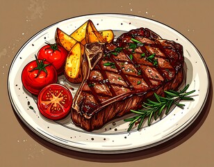 Grilled Steak with Potatoes and Tomatoes.