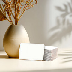 Blank rounded corner business cards next to a vase with dried plants