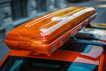 Orange roof box securely fastened on car roof rails, increasing storage capacity for travel