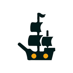 A whimsical pirate ship silhouette sailing on a calm sea, with a clear sky in the background