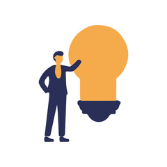 Businessman presenting a large light bulb symbolizing ideas and innovation in a simplified design