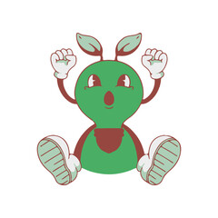 Cartoon character of a green plant-like creature with arms raised in celebration, on a white background