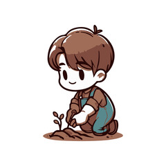 A young gardener planting a seedling in a small garden, with a sunny backdrop and greenery