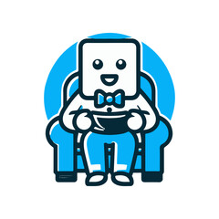 Cartoon character with a square head, wearing a bow tie, sitting on a blue armchair, enjoying a snack