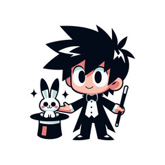 A young magician in a tuxedo performing a magic trick with a rabbit in a hat, showcasing wonder