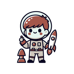 Cartoon astronaut holding a rocket toy with a playful expression, set against a simple background